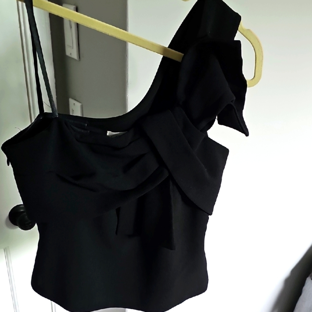 Eliza J Black Asymmetric Ruffle Crop Top